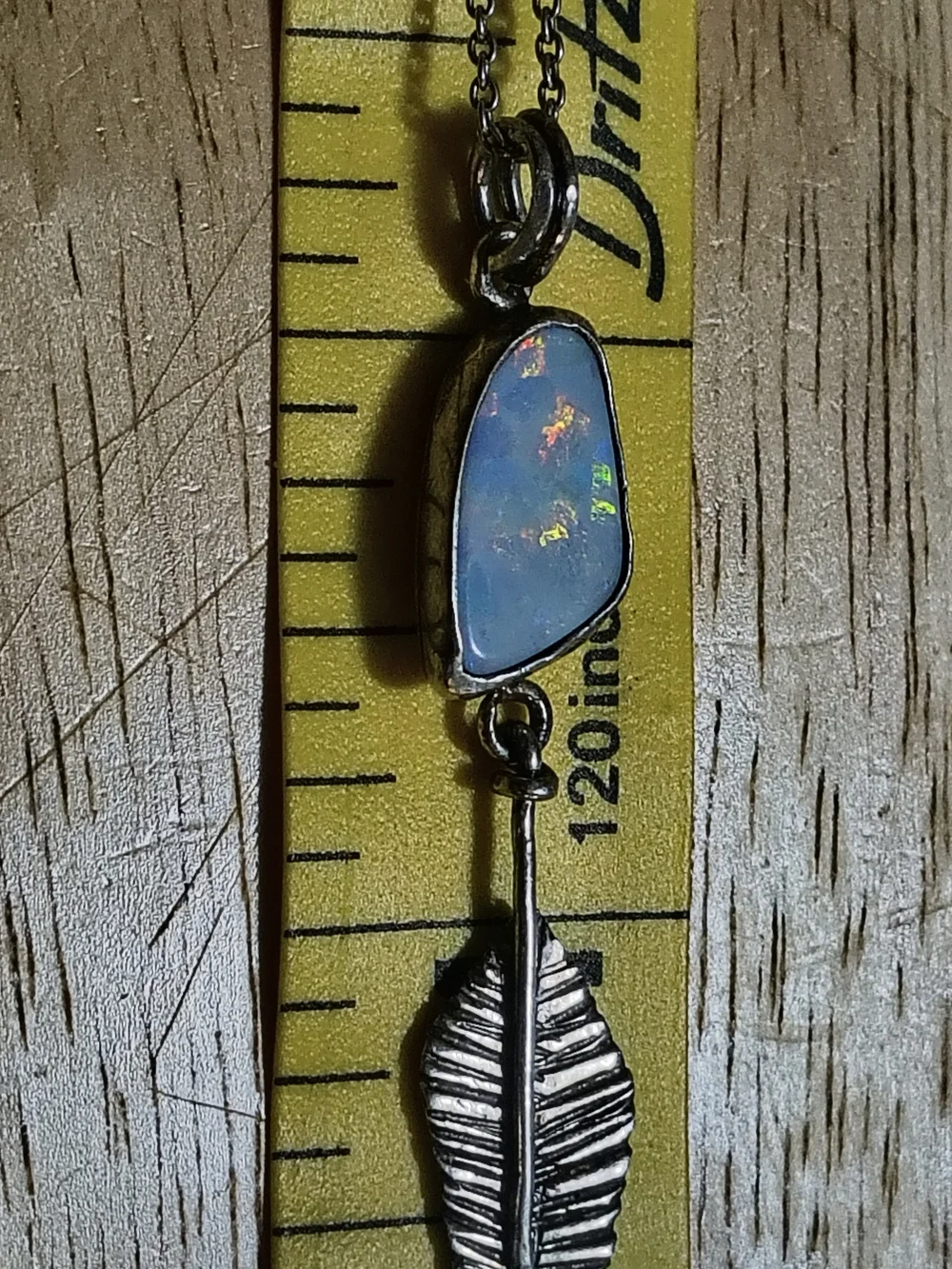 Vintage Sterling Silver& Natural Opal Feather Pendant Navajo Necklace Signed